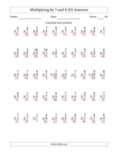 The Multiplying (1 to 10) by 7 and 8 (50 Questions) (D) Math Worksheet Page 2