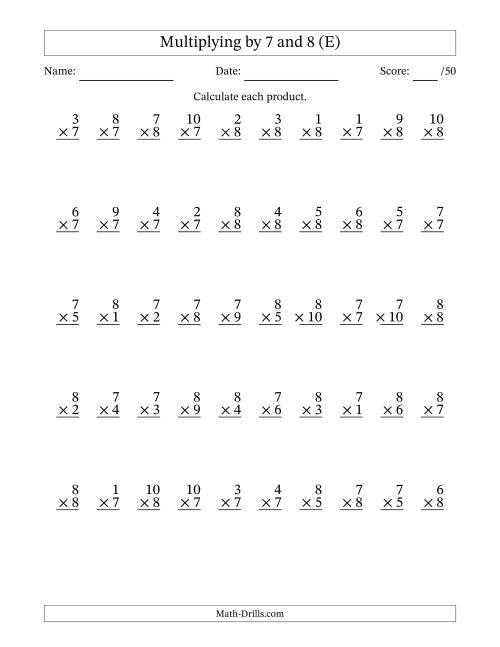 The Multiplying (1 to 10) by 7 and 8 (50 Questions) (E) Math Worksheet