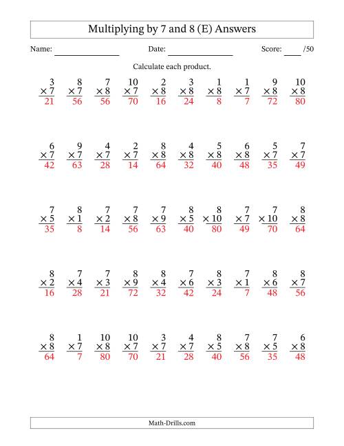 The Multiplying (1 to 10) by 7 and 8 (50 Questions) (E) Math Worksheet Page 2