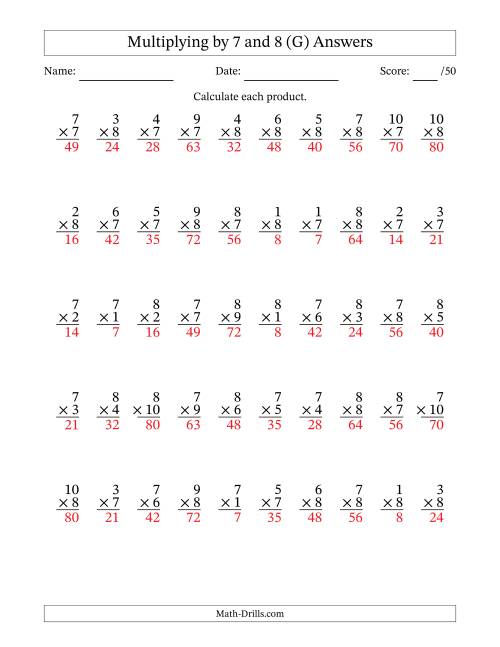 The Multiplying (1 to 10) by 7 and 8 (50 Questions) (G) Math Worksheet Page 2