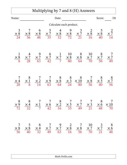 The Multiplying (1 to 10) by 7 and 8 (50 Questions) (H) Math Worksheet Page 2