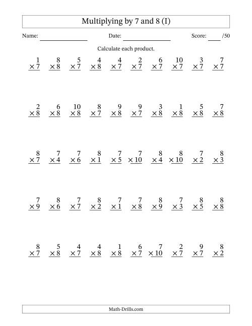 The Multiplying (1 to 10) by 7 and 8 (50 Questions) (I) Math Worksheet