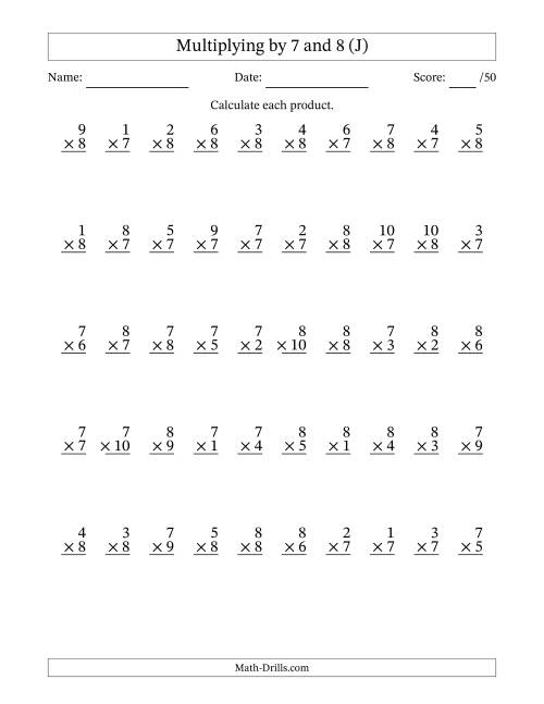 The Multiplying (1 to 10) by 7 and 8 (50 Questions) (J) Math Worksheet