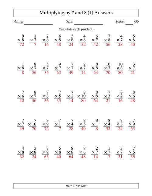 The Multiplying (1 to 10) by 7 and 8 (50 Questions) (J) Math Worksheet Page 2