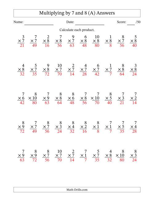 The Multiplying (1 to 10) by 7 and 8 (50 Questions) (All) Math Worksheet Page 2