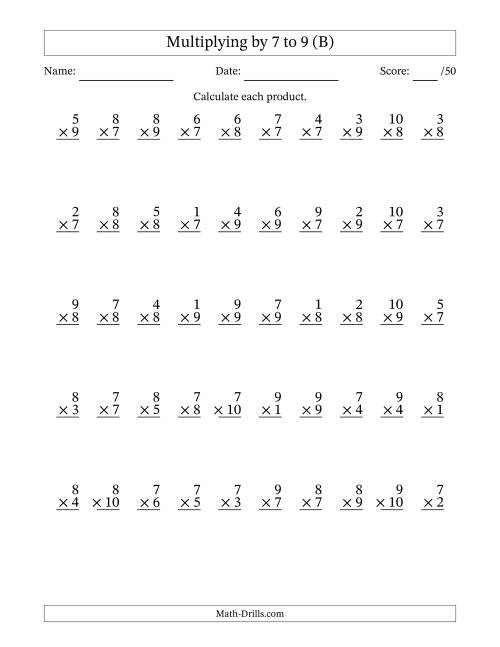 The Multiplying (1 to 10) by 7 to 9 (50 Questions) (B) Math Worksheet