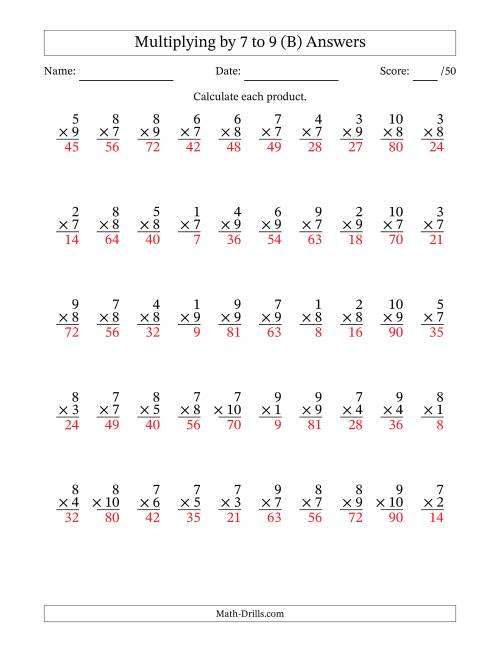 The Multiplying (1 to 10) by 7 to 9 (50 Questions) (B) Math Worksheet Page 2