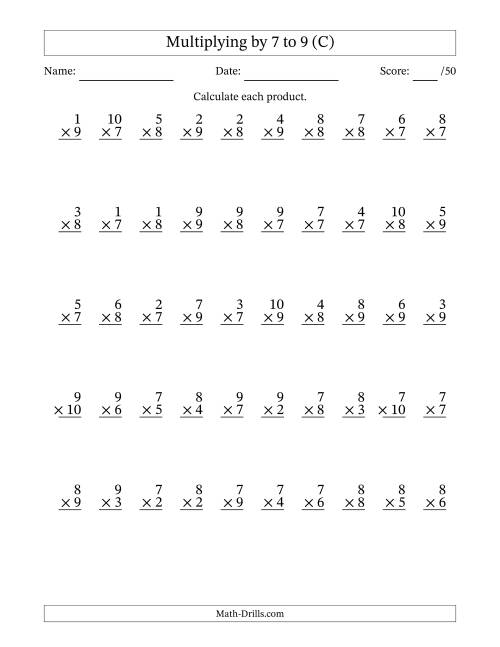 The Multiplying (1 to 10) by 7 to 9 (50 Questions) (C) Math Worksheet
