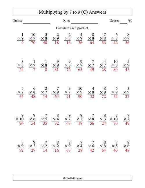The Multiplying (1 to 10) by 7 to 9 (50 Questions) (C) Math Worksheet Page 2