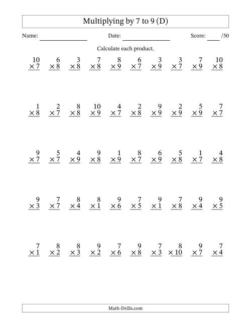 The Multiplying (1 to 10) by 7 to 9 (50 Questions) (D) Math Worksheet