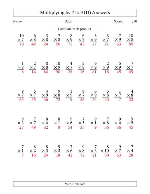 The Multiplying (1 to 10) by 7 to 9 (50 Questions) (D) Math Worksheet Page 2