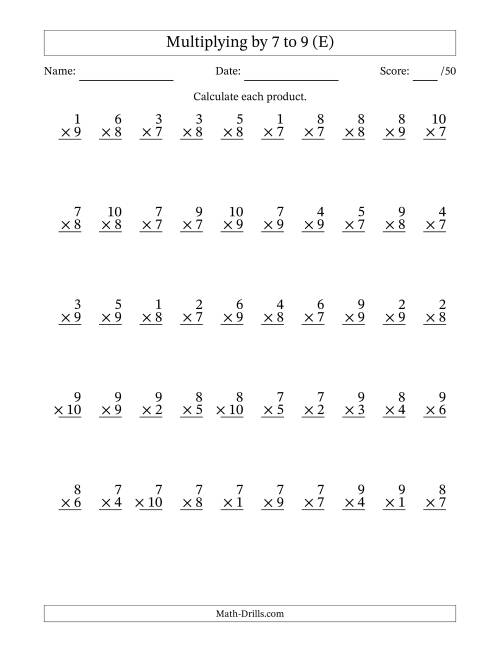The Multiplying (1 to 10) by 7 to 9 (50 Questions) (E) Math Worksheet
