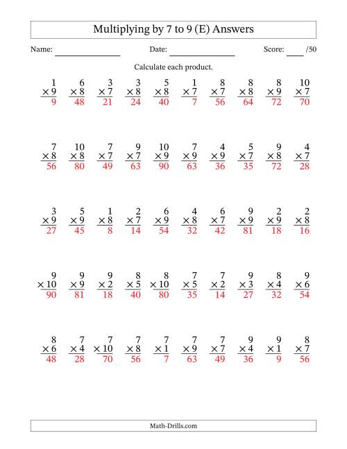 The Multiplying (1 to 10) by 7 to 9 (50 Questions) (E) Math Worksheet Page 2