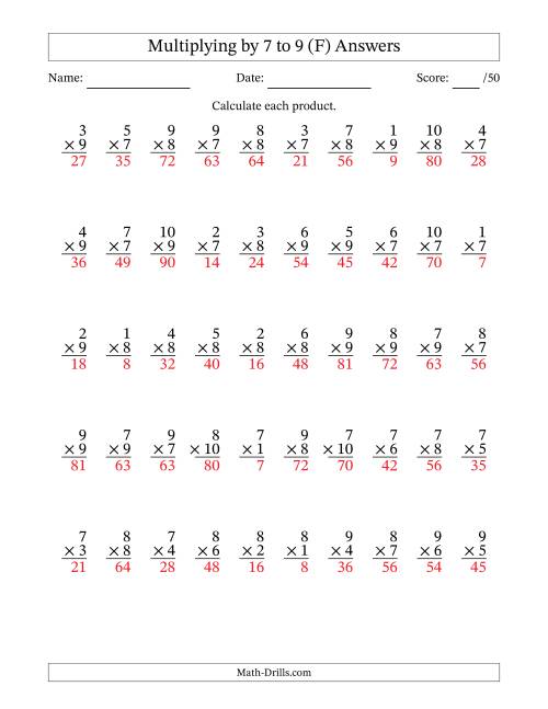 The Multiplying (1 to 10) by 7 to 9 (50 Questions) (F) Math Worksheet Page 2
