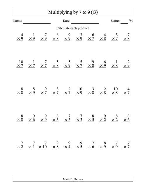 The Multiplying (1 to 10) by 7 to 9 (50 Questions) (G) Math Worksheet