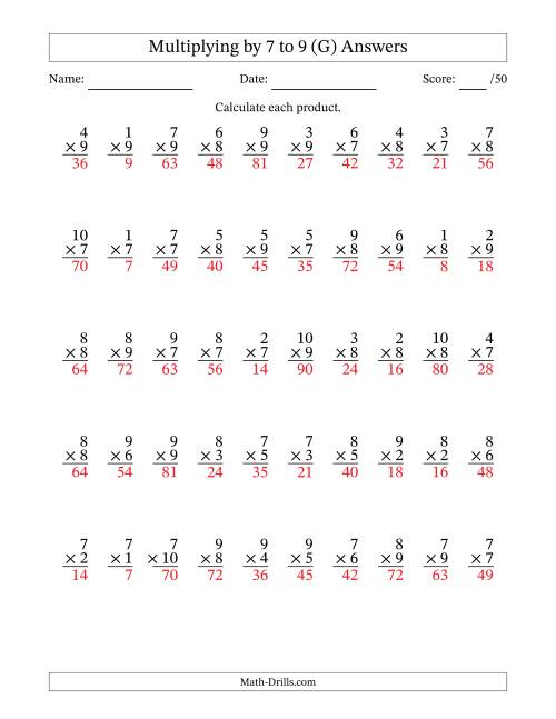 The Multiplying (1 to 10) by 7 to 9 (50 Questions) (G) Math Worksheet Page 2