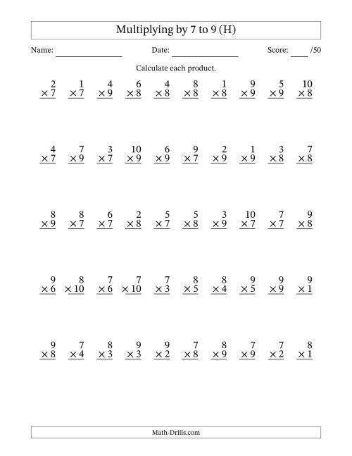 The Multiplying (1 to 10) by 7 to 9 (50 Questions) (H) Math Worksheet