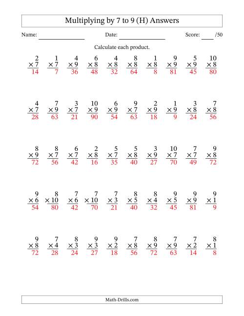 The Multiplying (1 to 10) by 7 to 9 (50 Questions) (H) Math Worksheet Page 2