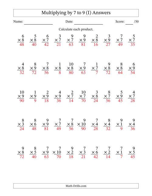The Multiplying (1 to 10) by 7 to 9 (50 Questions) (I) Math Worksheet Page 2