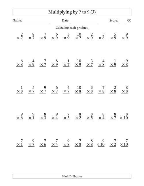The Multiplying (1 to 10) by 7 to 9 (50 Questions) (J) Math Worksheet