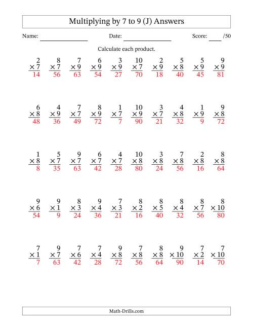The Multiplying (1 to 10) by 7 to 9 (50 Questions) (J) Math Worksheet Page 2