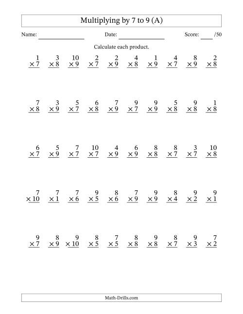 The Multiplying (1 to 10) by 7 to 9 (50 Questions) (All) Math Worksheet