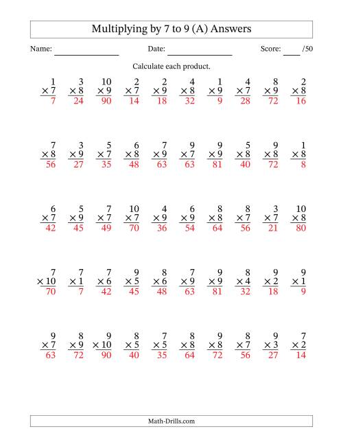 The Multiplying (1 to 10) by 7 to 9 (50 Questions) (All) Math Worksheet Page 2
