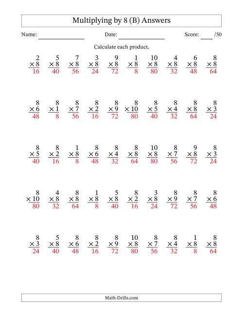 The Multiplying (1 to 10) by 8 (50 Questions) (B) Math Worksheet Page 2