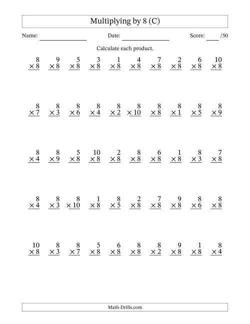 The Multiplying (1 to 10) by 8 (50 Questions) (C) Math Worksheet