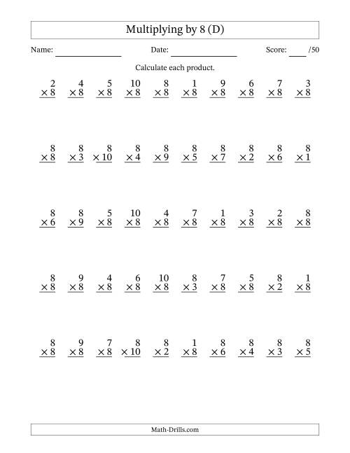 The Multiplying (1 to 10) by 8 (50 Questions) (D) Math Worksheet