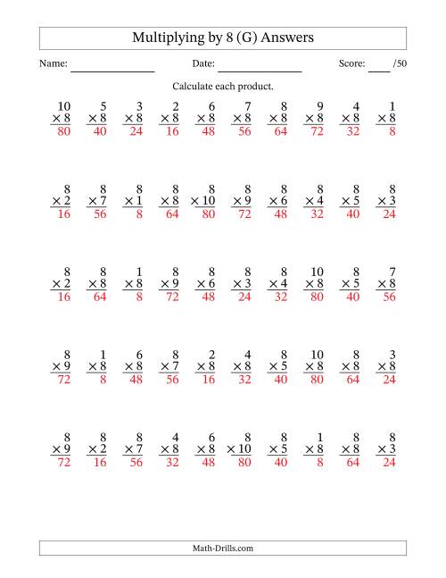 The Multiplying (1 to 10) by 8 (50 Questions) (G) Math Worksheet Page 2