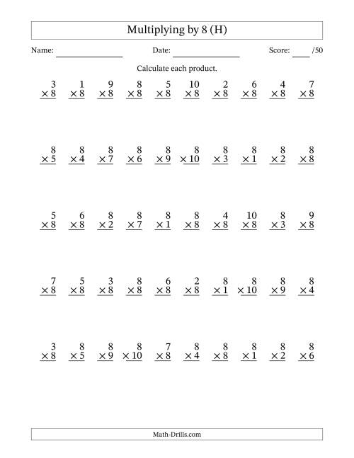 The Multiplying (1 to 10) by 8 (50 Questions) (H) Math Worksheet