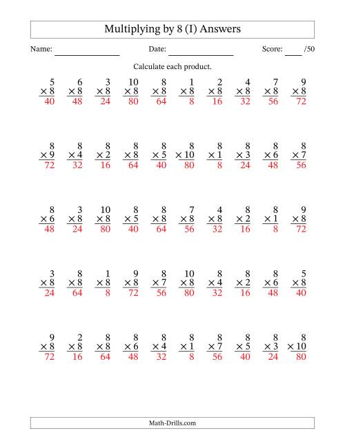 The Multiplying (1 to 10) by 8 (50 Questions) (I) Math Worksheet Page 2