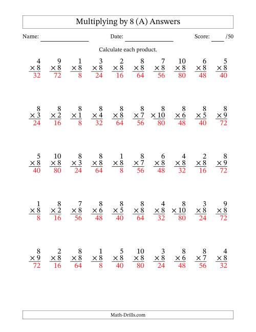 The Multiplying (1 to 10) by 8 (50 Questions) (All) Math Worksheet Page 2