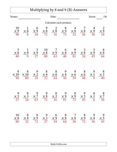 The Multiplying (1 to 10) by 8 and 9 (50 Questions) (B) Math Worksheet Page 2