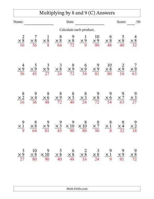 The Multiplying (1 to 10) by 8 and 9 (50 Questions) (C) Math Worksheet Page 2