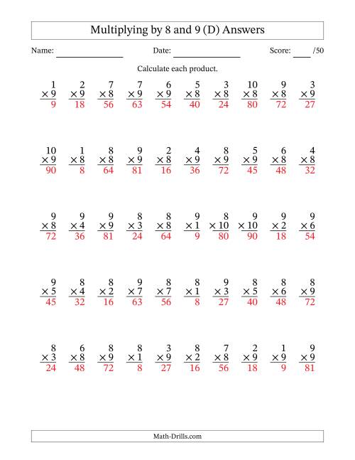 The Multiplying (1 to 10) by 8 and 9 (50 Questions) (D) Math Worksheet Page 2