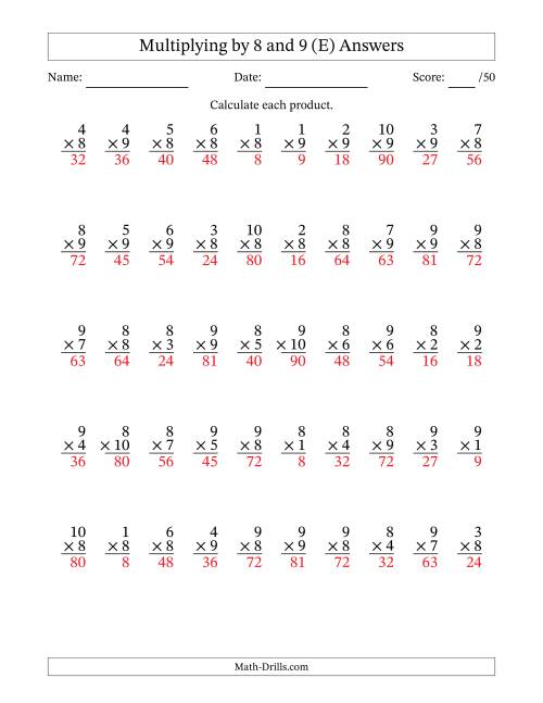 The Multiplying (1 to 10) by 8 and 9 (50 Questions) (E) Math Worksheet Page 2