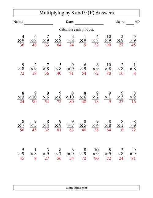 The Multiplying (1 to 10) by 8 and 9 (50 Questions) (F) Math Worksheet Page 2