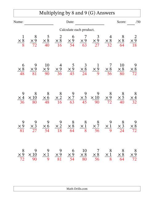 The Multiplying (1 to 10) by 8 and 9 (50 Questions) (G) Math Worksheet Page 2