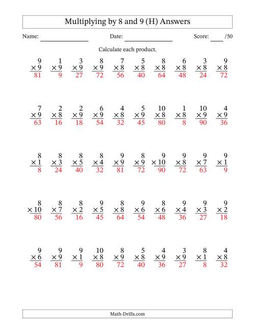 The Multiplying (1 to 10) by 8 and 9 (50 Questions) (H) Math Worksheet Page 2