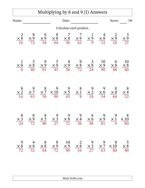 The Multiplying (1 to 10) by 8 and 9 (50 Questions) (I) Math Worksheet Page 2