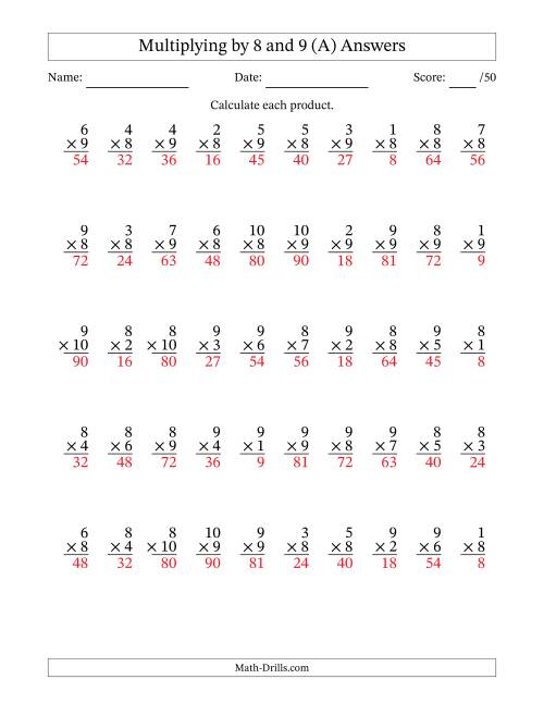 The Multiplying (1 to 10) by 8 and 9 (50 Questions) (All) Math Worksheet Page 2
