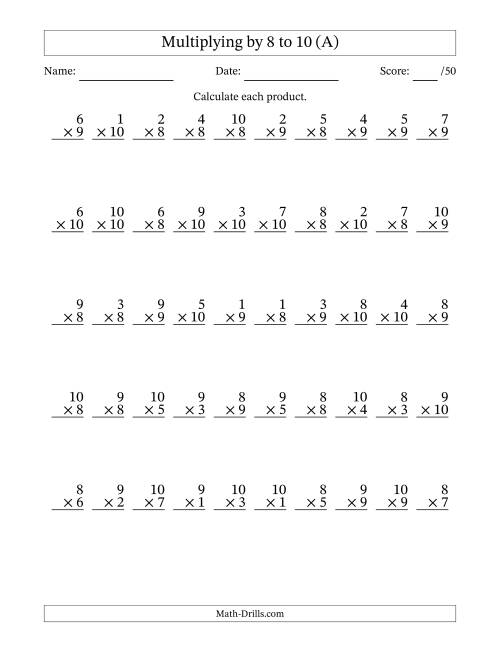 The Multiplying (1 to 10) by 8 to 10 (50 Questions) (A) Math Worksheet
