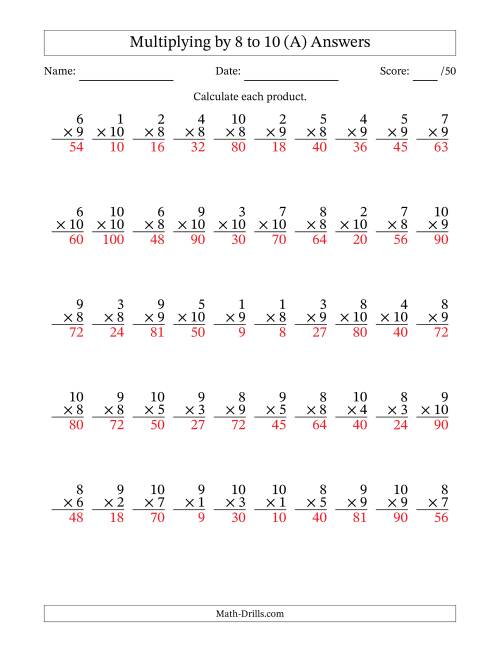 The Multiplying (1 to 10) by 8 to 10 (50 Questions) (A) Math Worksheet Page 2