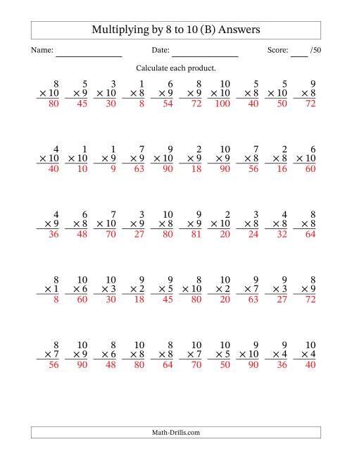 The Multiplying (1 to 10) by 8 to 10 (50 Questions) (B) Math Worksheet Page 2