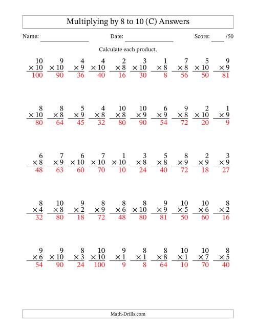 The Multiplying (1 to 10) by 8 to 10 (50 Questions) (C) Math Worksheet Page 2
