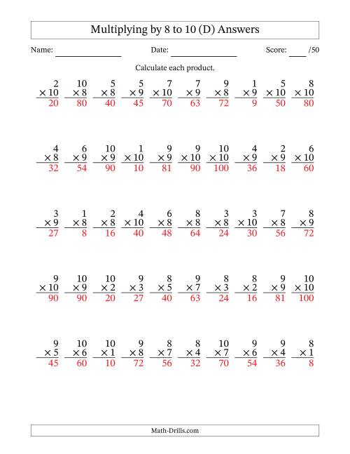 The Multiplying (1 to 10) by 8 to 10 (50 Questions) (D) Math Worksheet Page 2