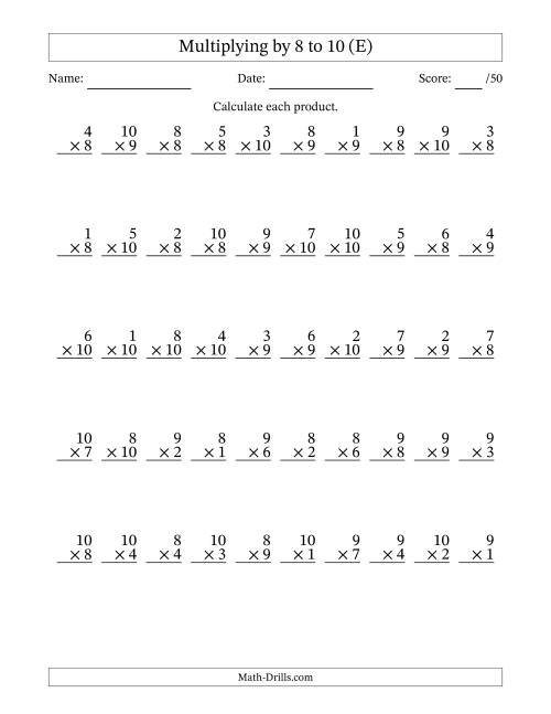 The Multiplying (1 to 10) by 8 to 10 (50 Questions) (E) Math Worksheet