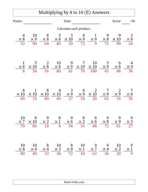 The Multiplying (1 to 10) by 8 to 10 (50 Questions) (E) Math Worksheet Page 2